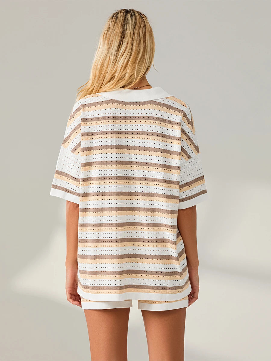 Conjunto de Pijama de Mujer de 2 Piezas Trajes de Salón Verano Rayas Contraste de Color Botón Tops de Punto de Ganchillo y Pantalones Cortos Conjuntos de Salón Playa