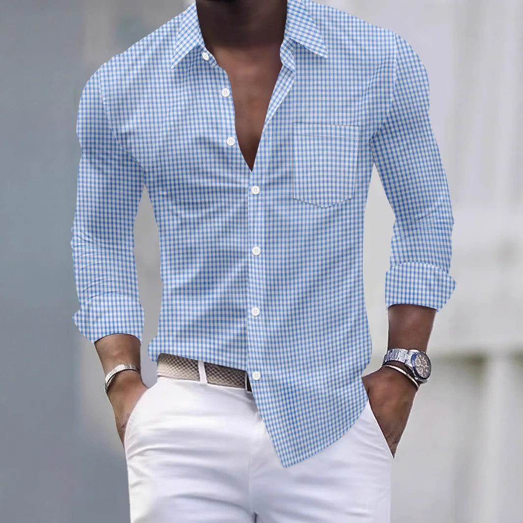 Men's Shirt - New Spring-Autumn Style Business Casual Solid Check Pockets Design Collar Buttoned Long-Sleeved Shirt