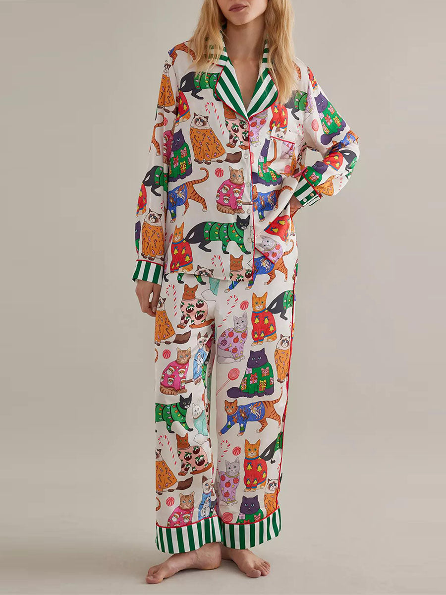 Women Pajama Set Food Animal Print Long Sleeve Button Closure Tops with Pants Sleepwear Loungewear