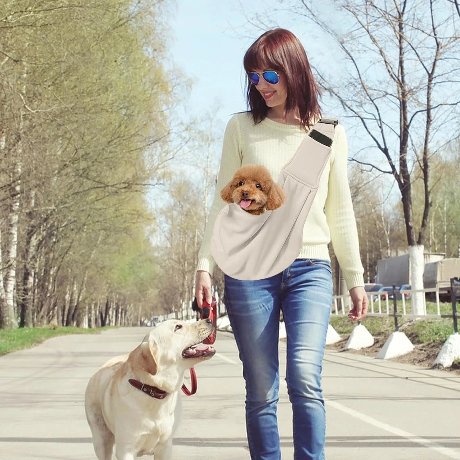 Small pet sling holder, hands-free reversible pet paper plastic bag, handbag, dog and cat sling holder, easy and portable
