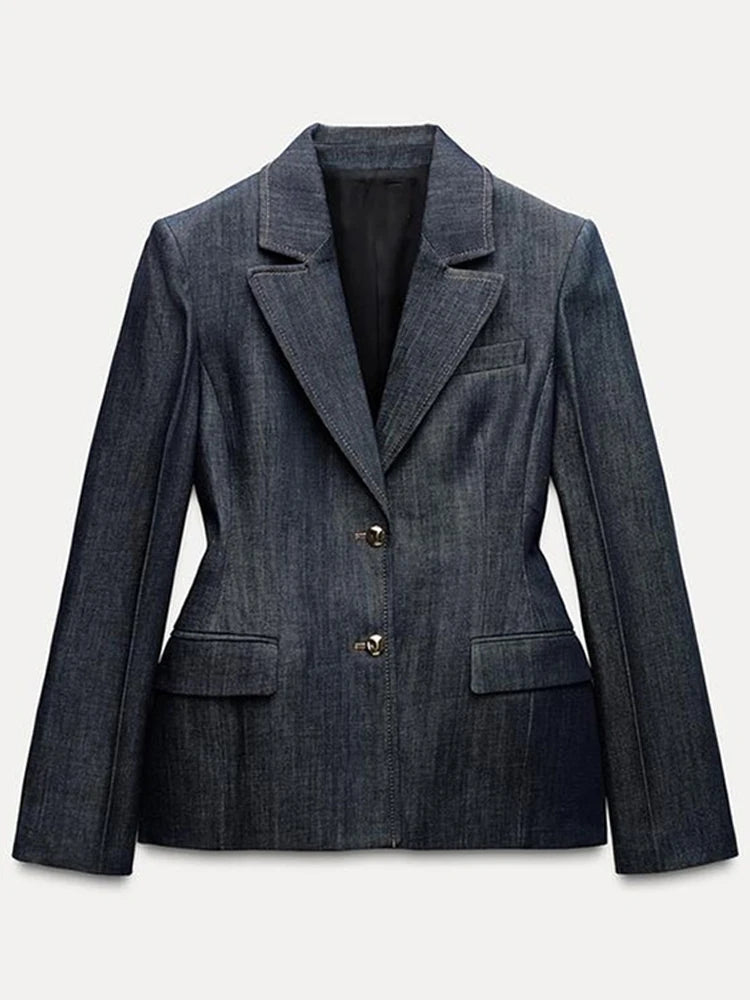 Elegant 3 Pieces Denim Blazer Long Pants Sets For Women Spring Single Breasted Suit Jacket Chic V-neck Vest Wide Leg Pants Suits