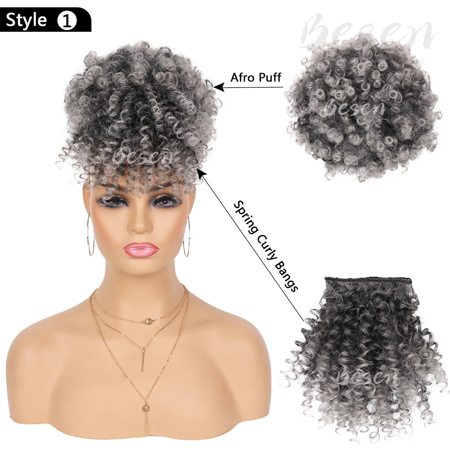 Queue de cheval afro synthétique avec cordon de serrage et frange remplaçable, chignon afro court avec 2 franges, postiche à clipser.