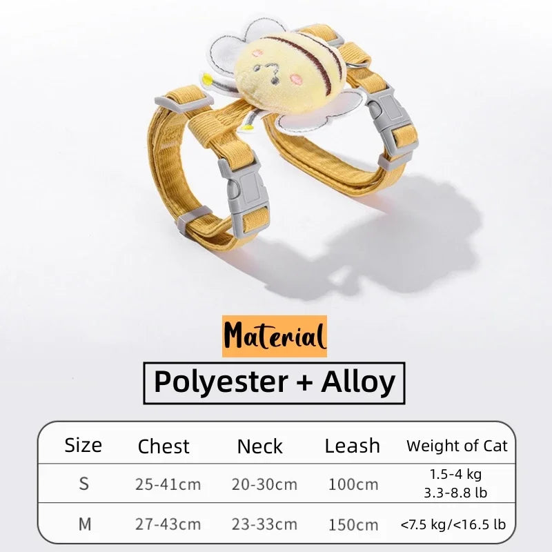 Kattesele med bånd, justerbar tegneseriebie, dobbeltlags hundesele for små, mellomstore kjæledyr, bånd, utendørs turgåing