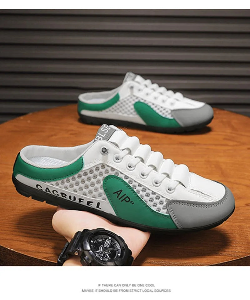 Men's Half Slippers Fashion Outdoor Casual Shoes for Men Walking Flats Soft Sole Support Slipper Mesh Breathable Slip-On Loafers