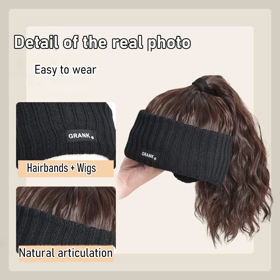 Gorro de punto de 12 pulgadas negro sintético con parte superior hueca, extensiones de peluca de cola de caballo con ondas de agua, logotipo bordado, invierno cálido, Navidad