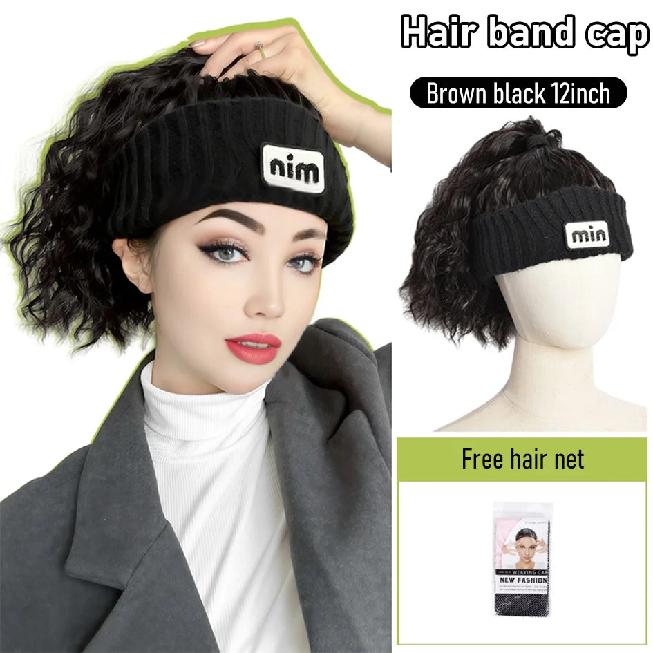 Gorro de punto de 12 pulgadas negro sintético con parte superior hueca, extensiones de peluca de cola de caballo con ondas de agua, logotipo bordado, invierno cálido, Navidad