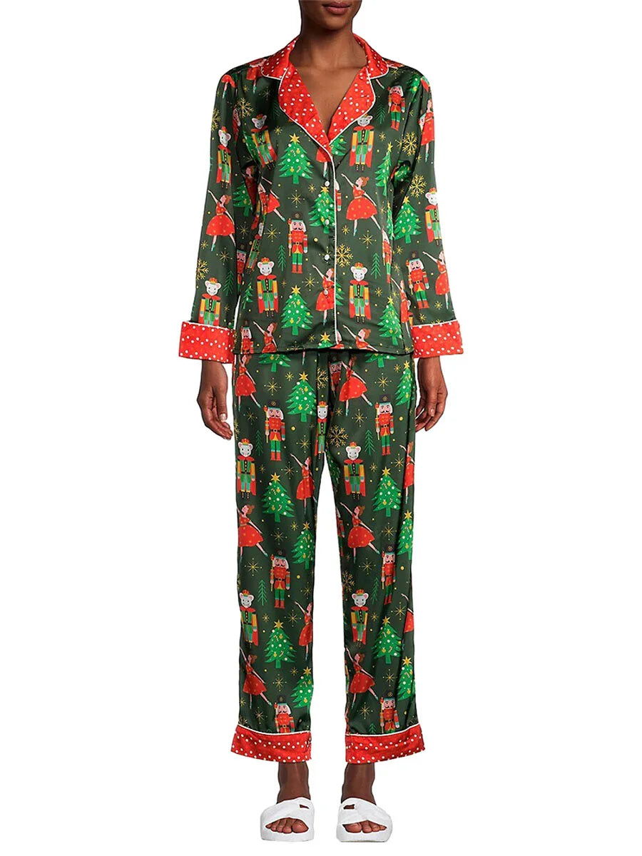 Women Pajama Set Food Animal Print Long Sleeve Button Closure Tops with Pants Sleepwear Loungewear