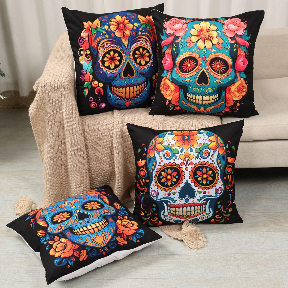 4pcs Mexican Day of The Dead Floral Throw Pillow Covers Holiday Party Decor Dia De Los Muertos Cushion Covers Home Decoration