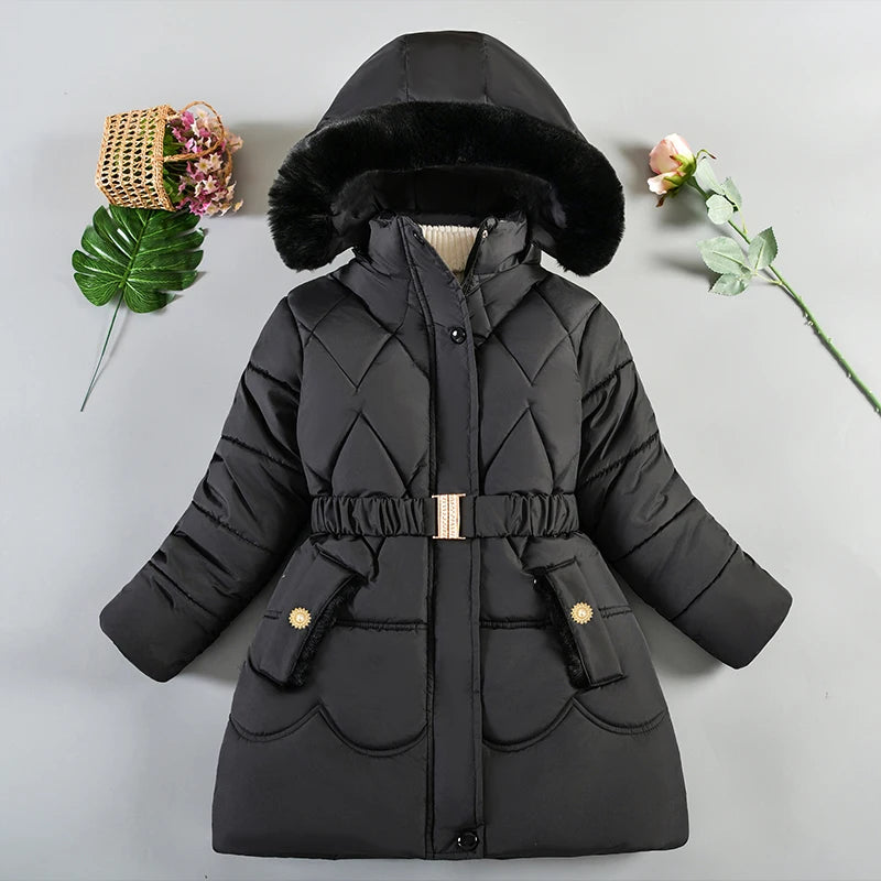 New Winter Keep Warm Girls Jacket Thick Solid Color Fur Collar Hooded Parkas Coat For 4-10 Years Kids Children Outdoor Outerwear