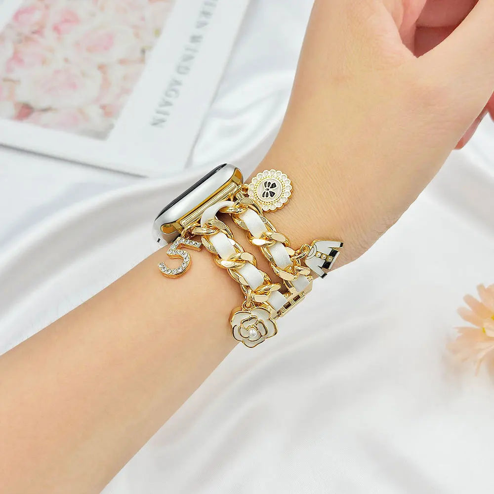 1 tassel flower design Apple Watch strap, detachable joint adjustable size practical metal strap with gemstone decoration