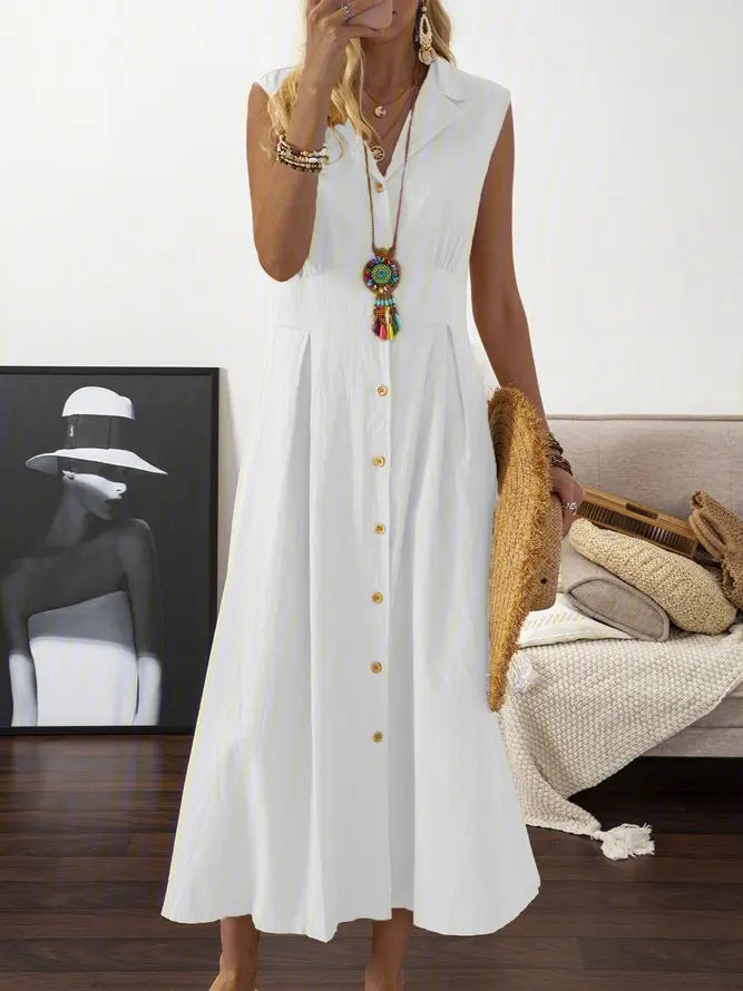 New Dresses  Woman Fashion Lapel A-line Vintage Cotton Linen Long Skirt Women's Clothing Tops