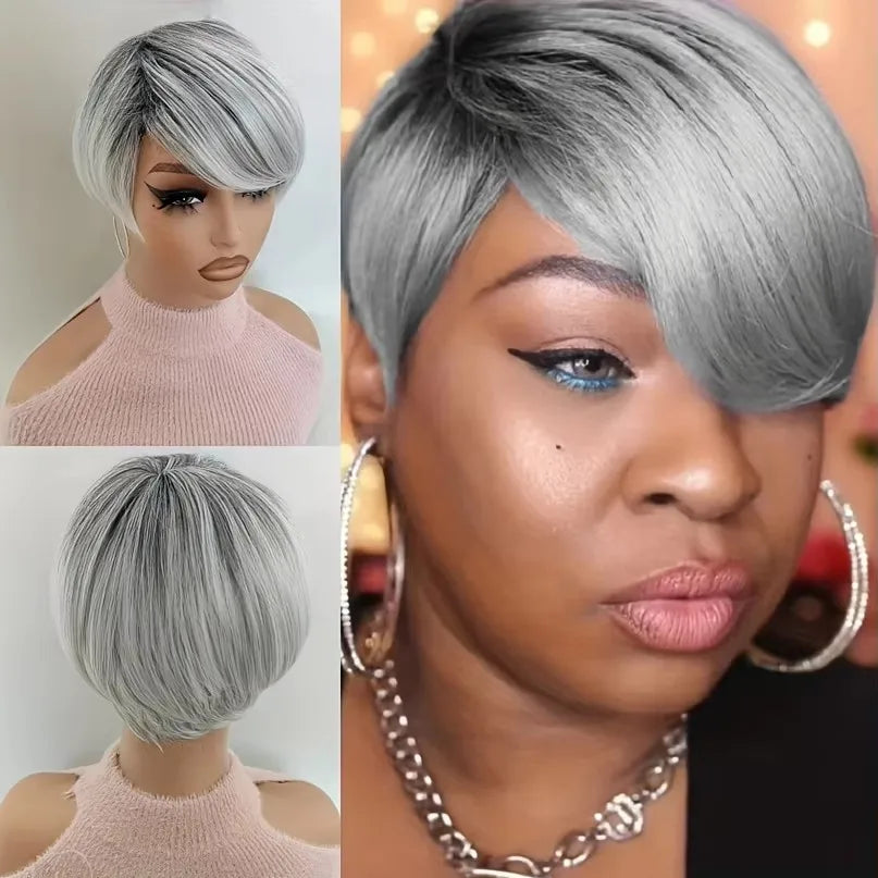 New for Summer Short gray Synthetic wig for women classic gray hairstyle pixie hair wig to mother US
