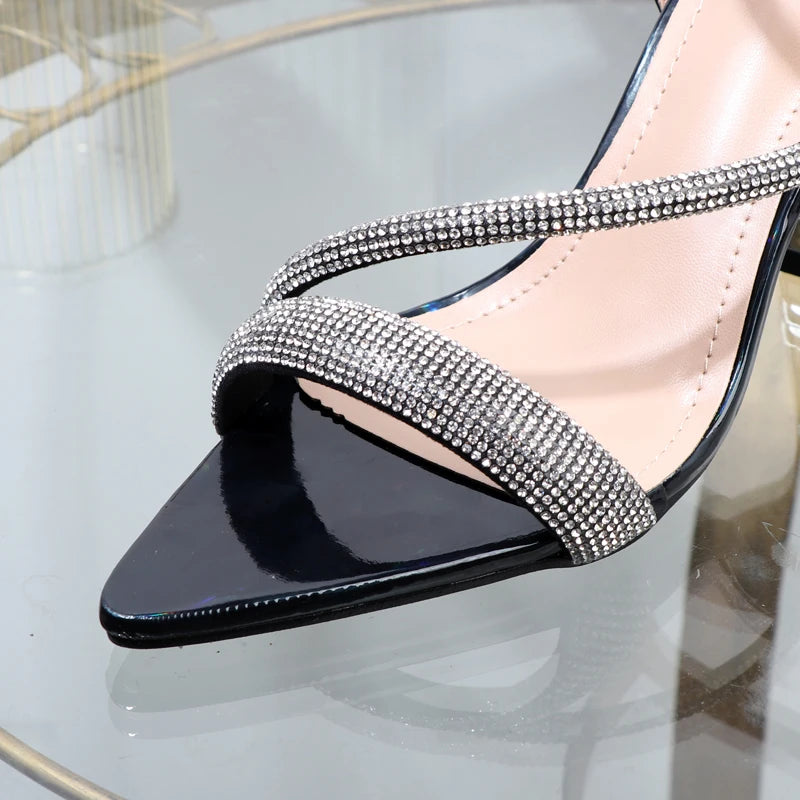 Luxury elegant green shoes  summer new high heels fashion Joker fashion fairy sandals Rhinestone buckle with women's shoes