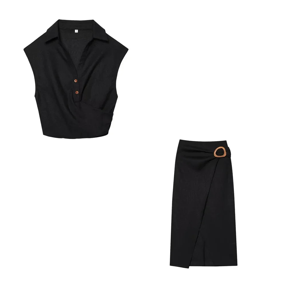 New Women's Suit Summer Suit Casual Simple Multifunctional Pleated Lapel Sleeveless Short Top Paired with Buckle Slit Skirt
