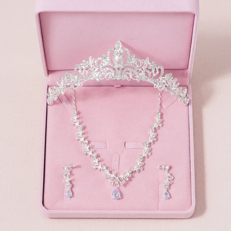Bridal Jewelry Sets Crown Necklace Earrings Four Pack Silver Colour Women's Fashion Wedding Tiaras(excluding boxes)