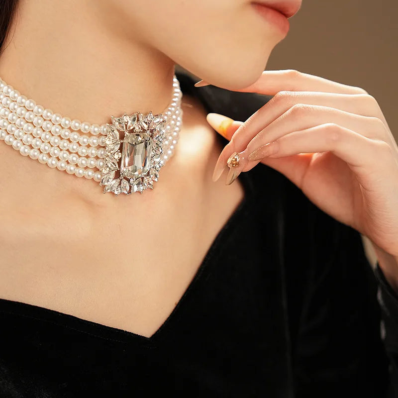 Inlaid Rhinestone Geometric Pearl Jewelry Set Women Beaded Choker Light Luxury Multi-layer Necklace Fashion High Sense Earring