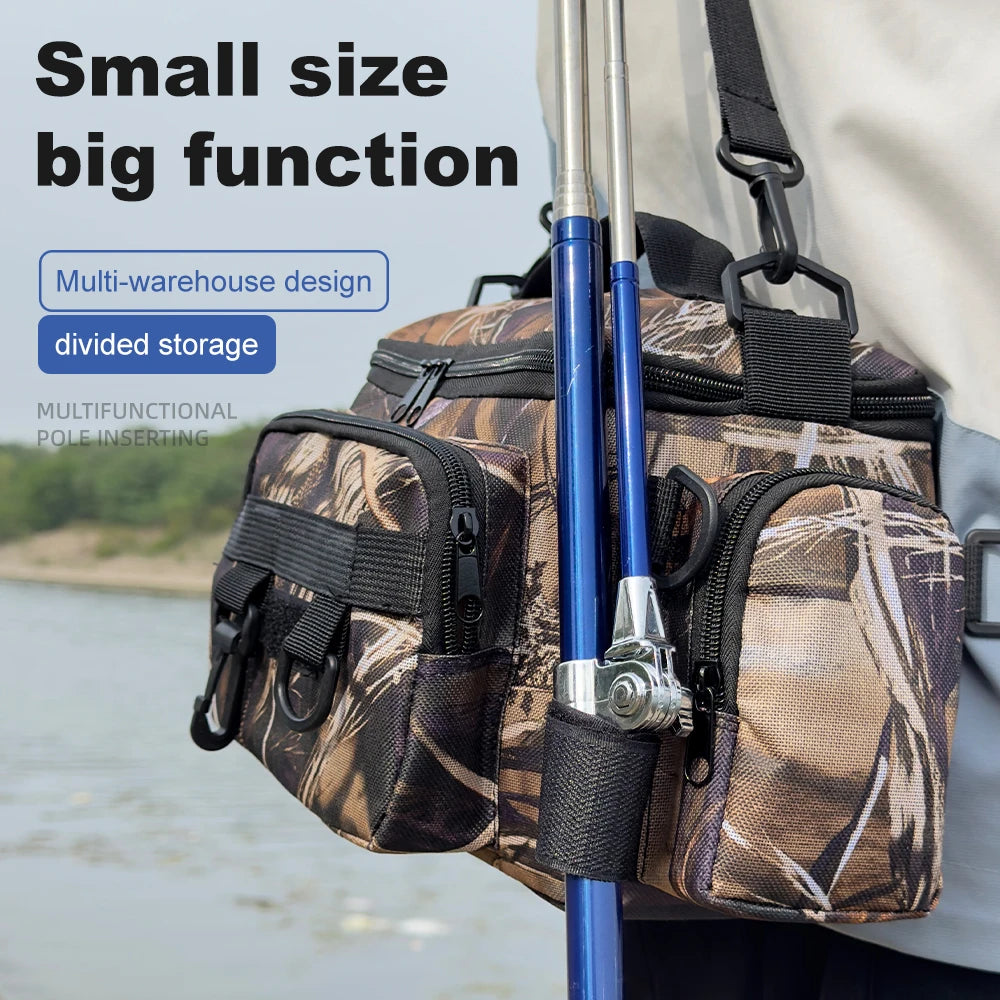 Mochila de pesca, caja de señuelos, bolsa de almacenamiento de aparejos, riñonera para hombres, mochila de pesca con mosca con soporte para caña, bolsa de hombro.