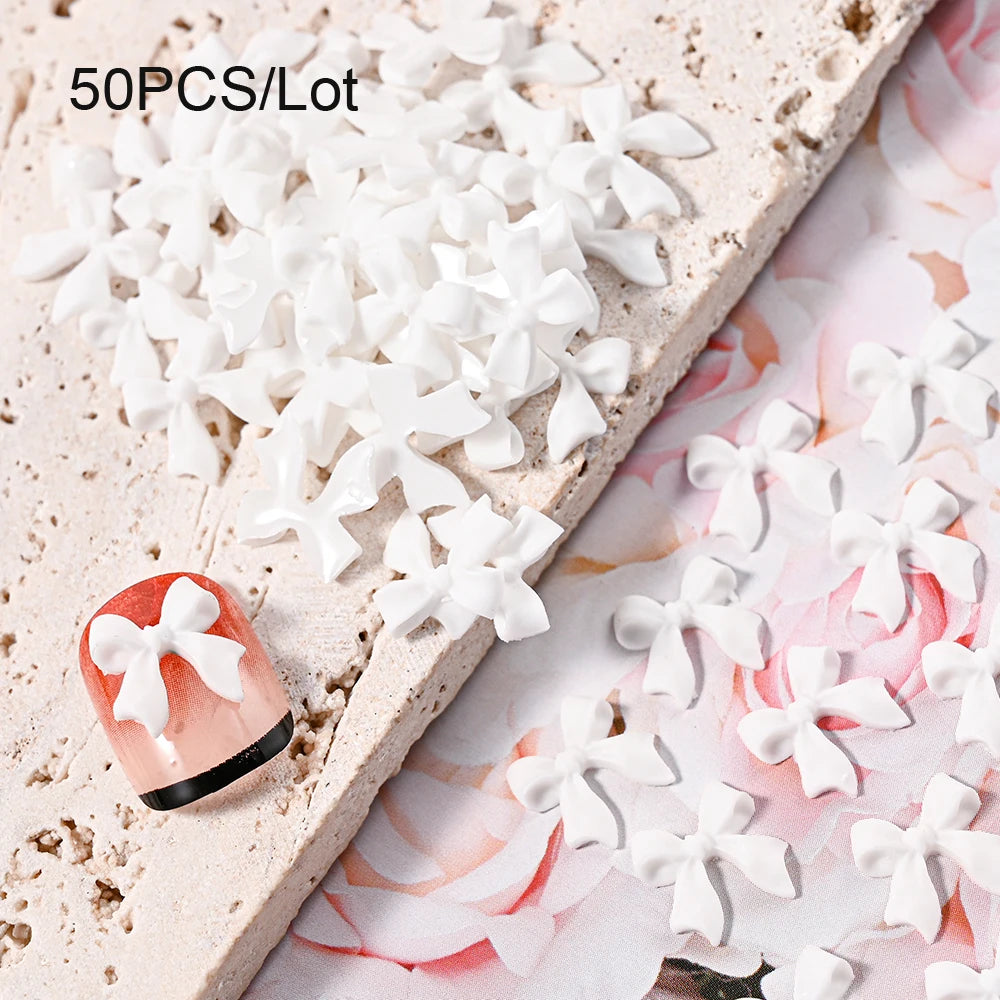 50/100pcs Pink White Kawaii Bow Nail Charm 3D Resin Bowknot Flatback Nail Gems 8*10mm Nail Art rhinestones Jewelries #Bowtie