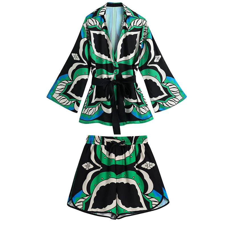 Women's Print Pajamas Set Summer Spring 3 Pieces Ladies Loose Sleepwear Kimono Streetwear V Neck Pijama Suit For Female 2024