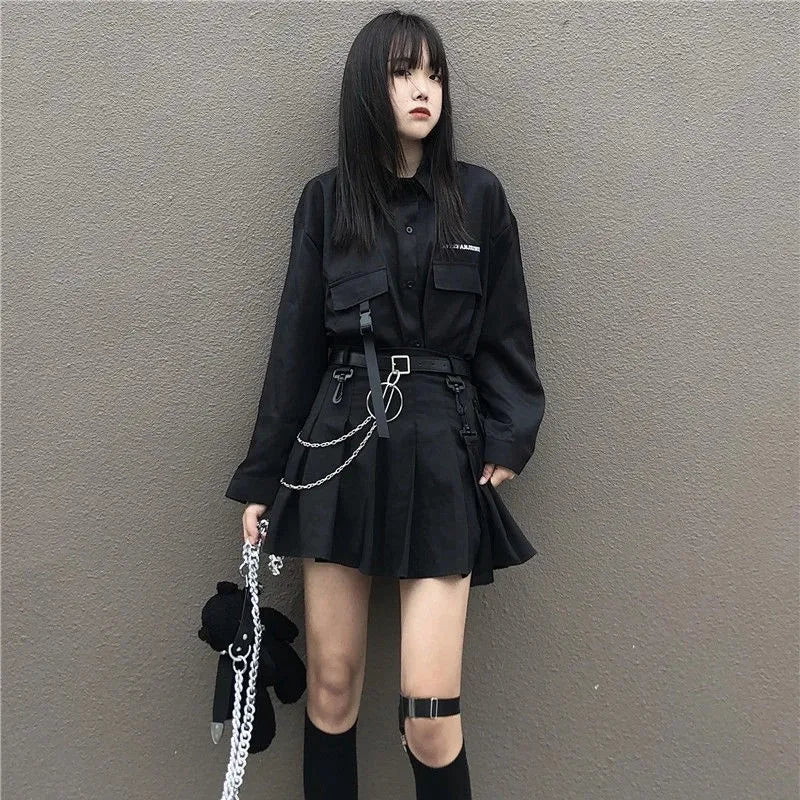 Gothic Skirt Set Long Sleeve Shirt Pleated Skirt 2 Piece Sets Women's Dark Clothes Korean Retro Casual Outfit Fashion Y2k Suit