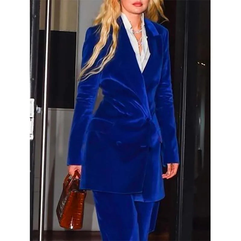 Elegant Women's Suits Pants Sets With Blazer Luxury Blue Velvet Double Breasted Peak Lapel 2 Piece Outerwear Office Female Terno