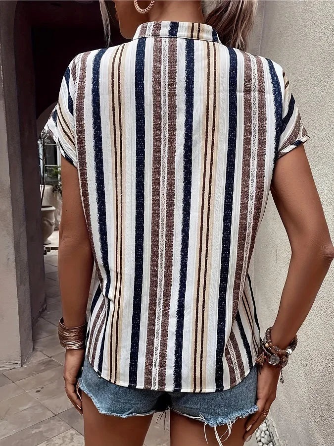 Women's Tops Blouses New Summer Casual Fashion Striped Print V-neck Short Sleeve Shirt Elegant Women Shirts Tops Streetwear