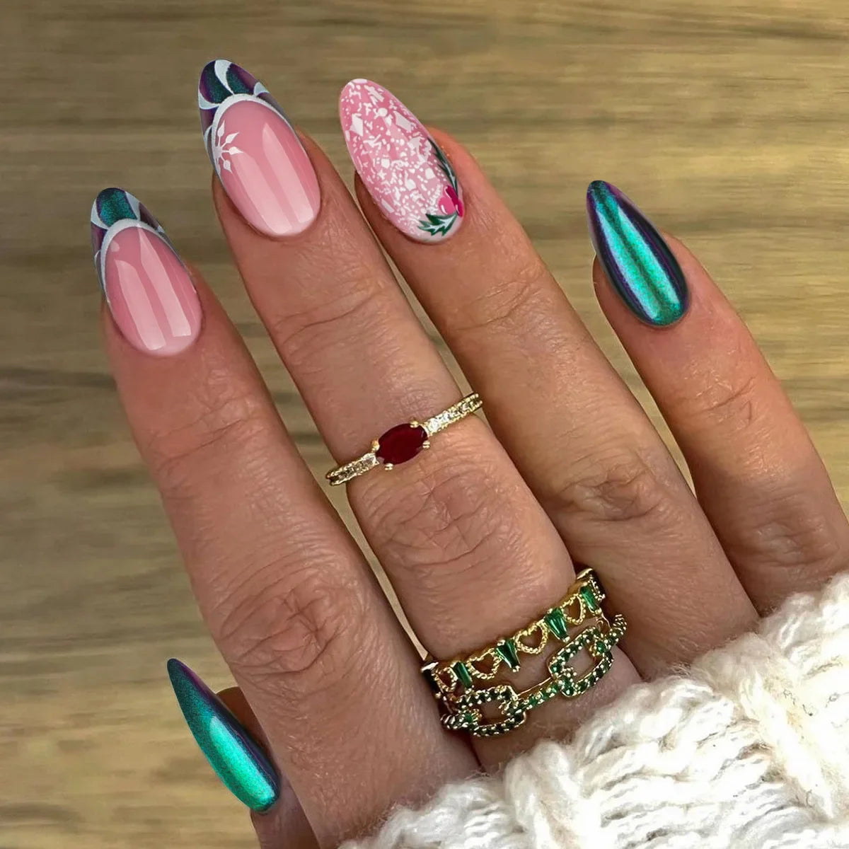 French Press on Fake Nails with Flowers Designs Summer Blue Short Almond False Nails Wearable French Full Cover Press on Nails
