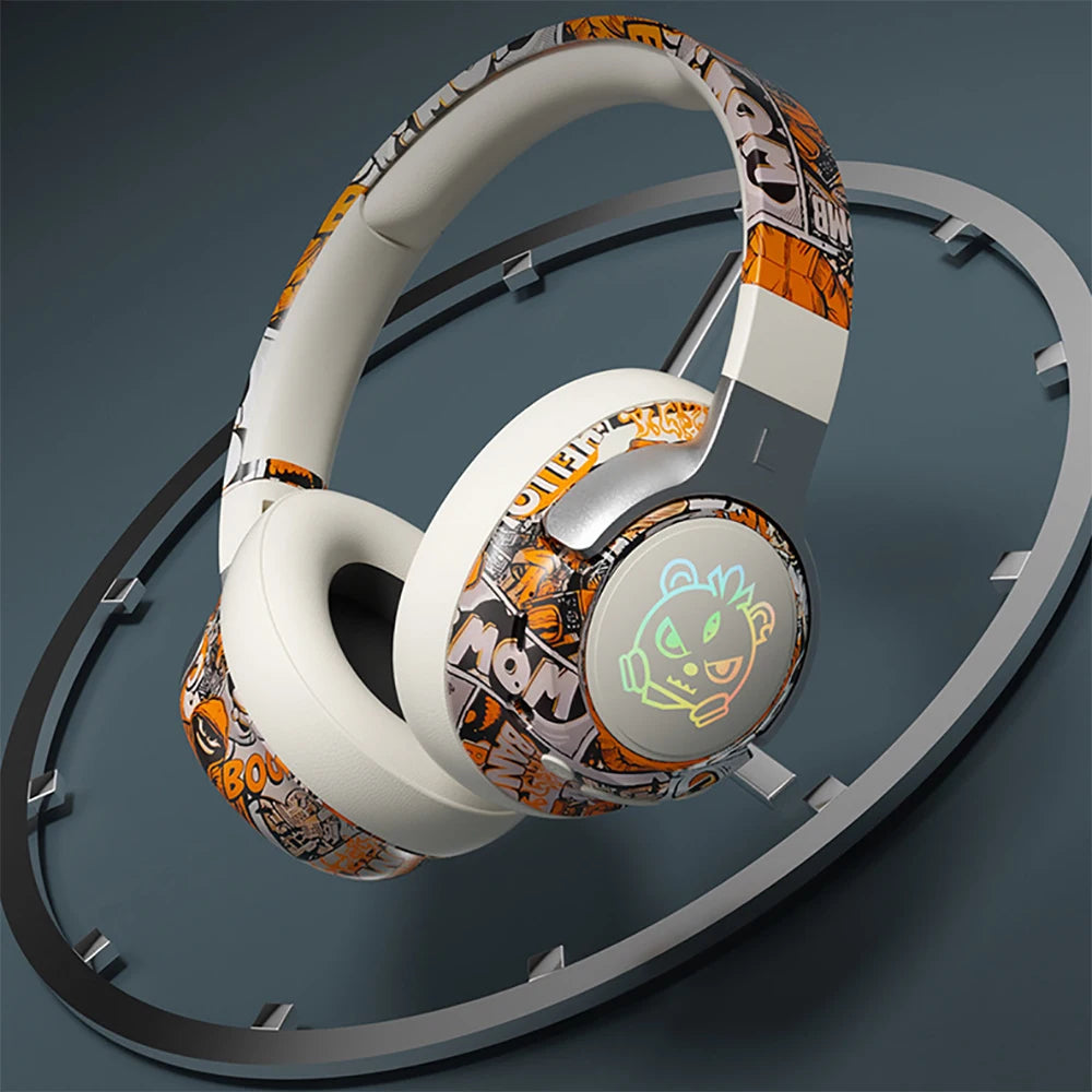 Bluetooth 5.3 Gaming Headset- RGB Lights Wireless Headphones, Low Latency Mode, Noise Cancelling Mic, Comfort Earmuffs for PC