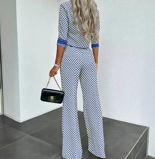 Women's Casual Two-Piece Set Elegant Summer Retro Plaid Pattern Tie Up Half Sleeved Top Ribbed Straight Leg Pants Set