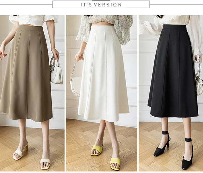 Women's Skirt Spring Women High Waist Solid Vintage Girl's Waist Down Skirt Knee-length A-line Fashion Thin Skirt for Women