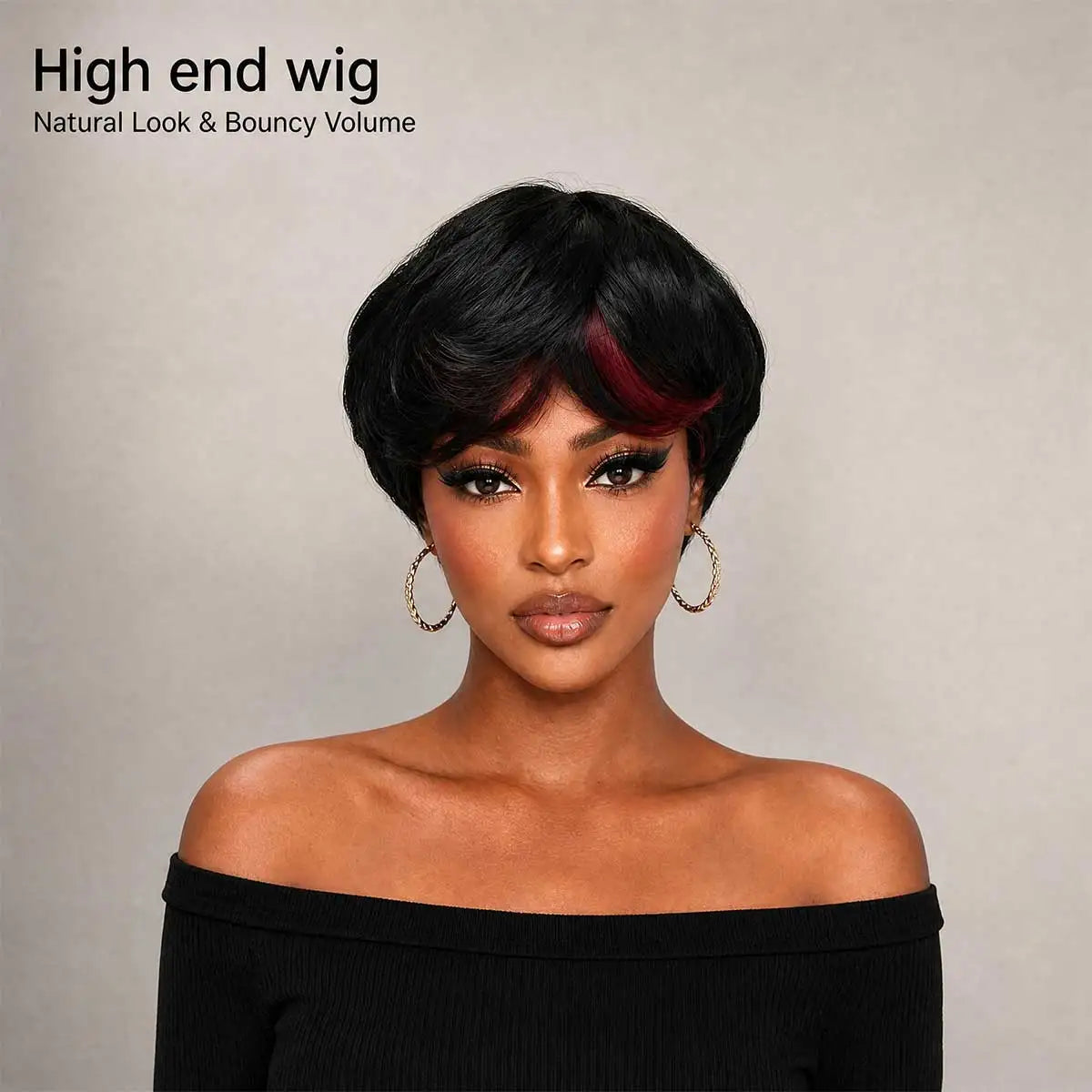 Black Short Pixie Cut Synthetic Wig with Burgundy Highlight Bangs, Heat Resistant Glueless Wear‑and‑Go Wig for Women