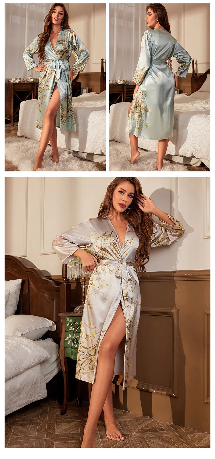 Fashion Home Printed Long Sleeved Nightgown for Women Luxury Thin Sexy Lace Up Morning Gown Cardigan Pajamas Ice Silk Bathrobe