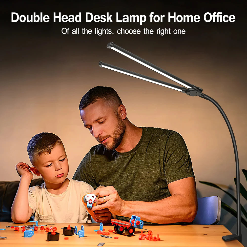 LED Desk Lamp Single Double Head with Stepless Dimming 3 Color Eye-Caring For Home Office Reading Light Adjustable Flexible Lamp