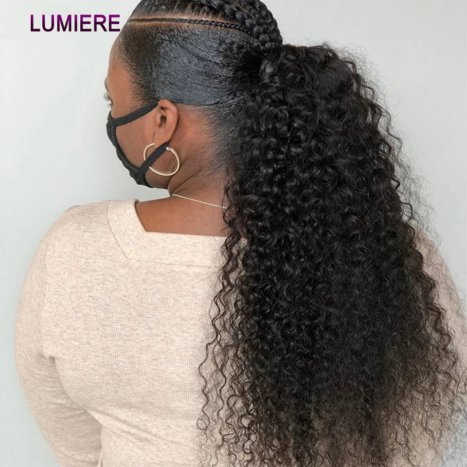 Afro Kinky Deep Water Curly Wave Wrap Around Drawstring Ponytail Human Hair Extensions 100% Real Human Hair Brazilian Clip In Fo