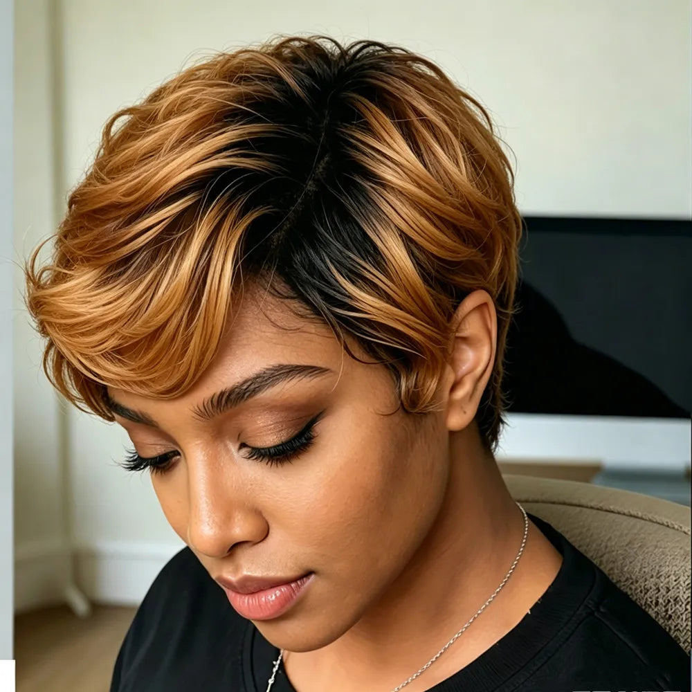 pixie cut wig150% density 4inch machine made pixie short curly 1B30 color human hair wig  for women 150% density daily party use