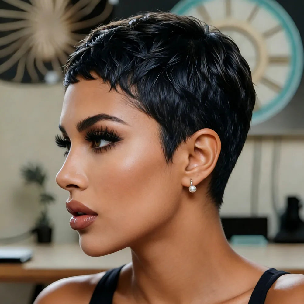 short layered 150% density wig machine made  wig for women 4inch black color pixie wave human hair wig