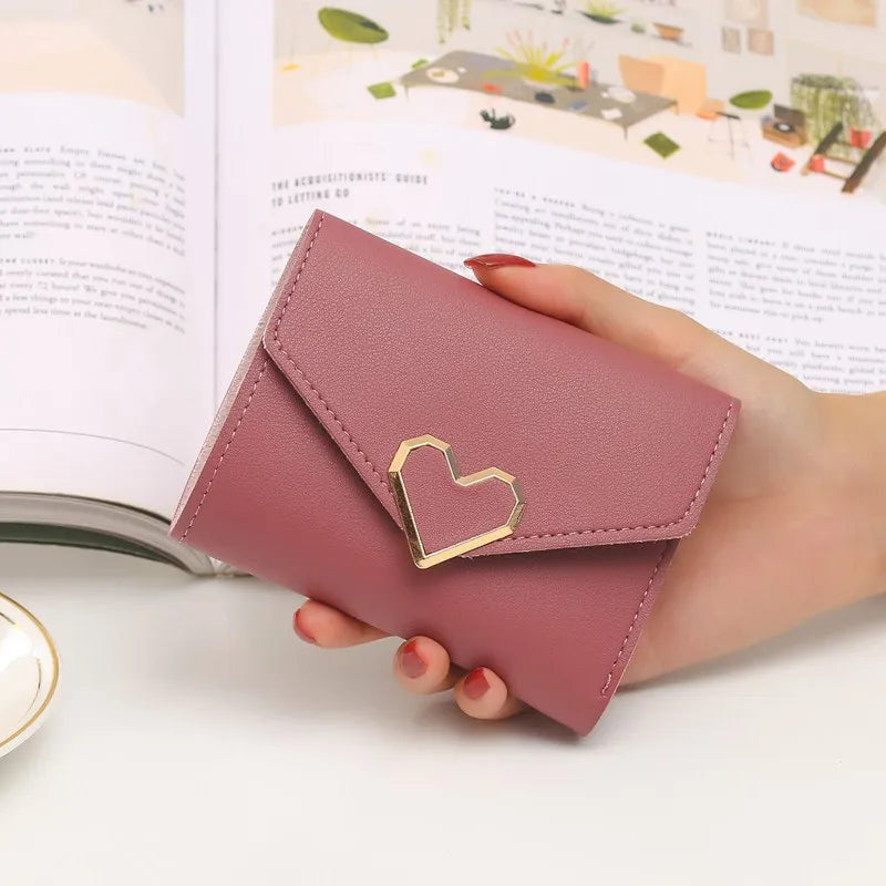 Carteras cortas nuevas para mujer, Kpop, con forma de corazón, bonita cartera pequeña para mujer, de piel sintética de alta calidad, delgada y sencilla, cartera femenina