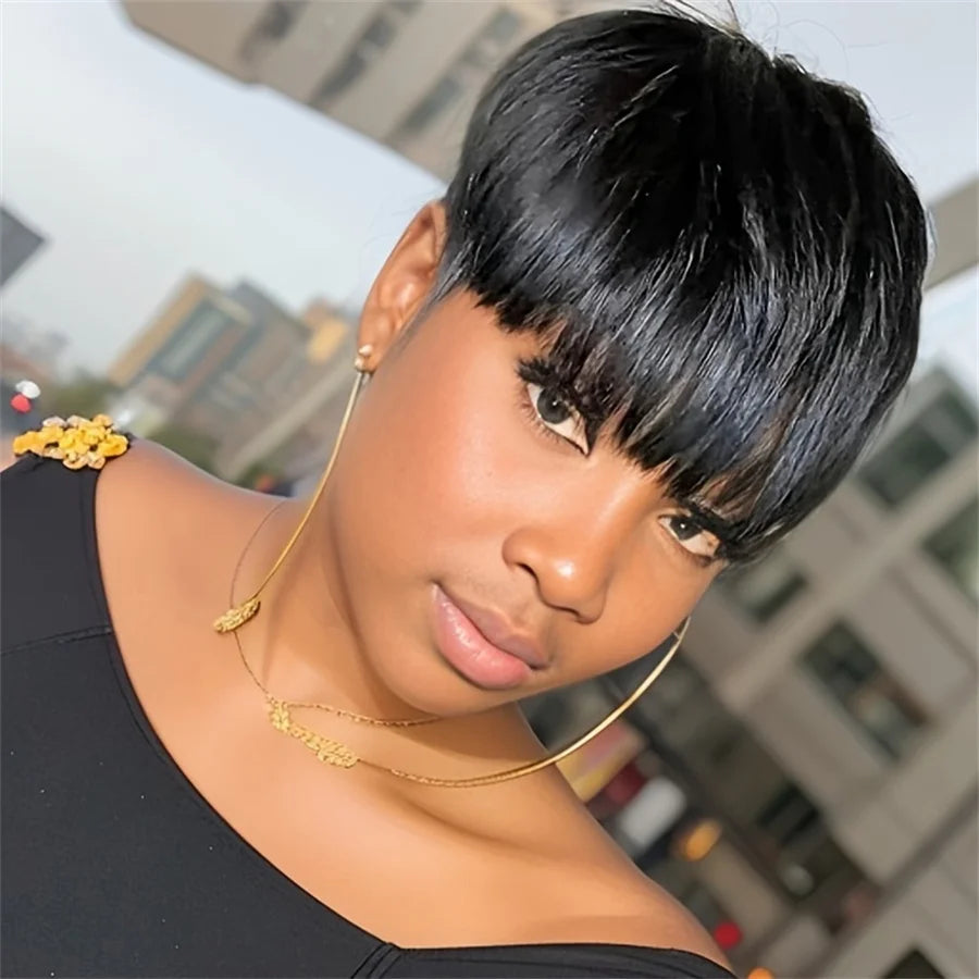 Peluca de pelo Remy de 6 pulgadas con densidad del 150%, color negro natural/99j/castaño, hecha a máquina, corte pixie, corta, lisa, de cabello humano para mujer