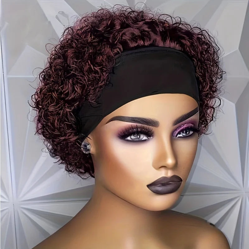 Water Wave Short Curly Pixie Cut Headband Wig for Women Remy Brazilian Human Hair Full Machine Made wig