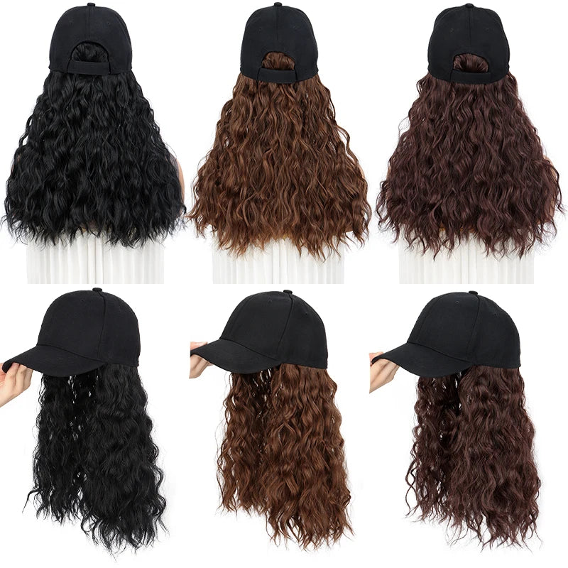 Synthetic 18Inch Long Curly Elegant Black Baseball Cap Hat Wig Heat-Resistant Hair Easy Wear Versatile for All Occasions