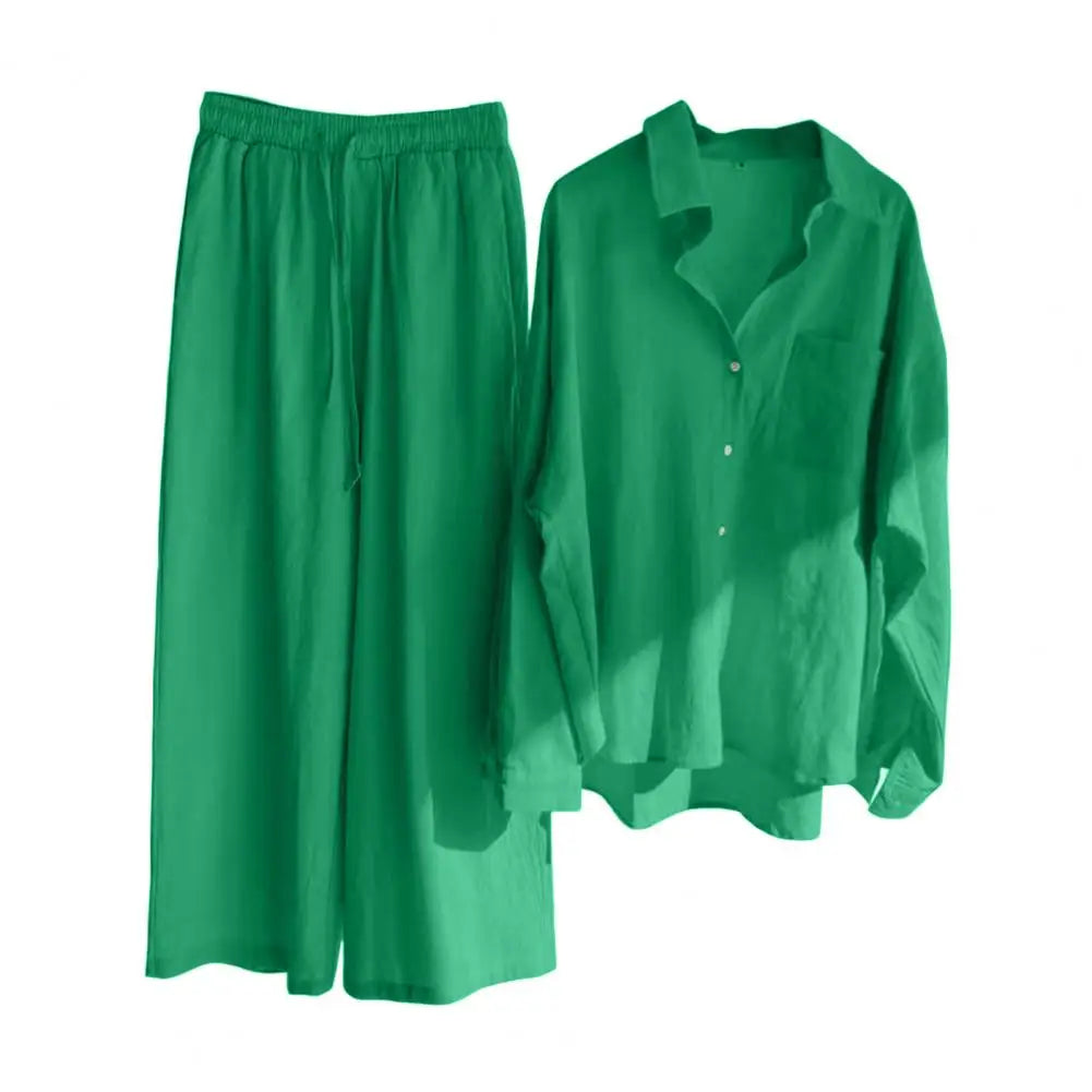 2 Pcs/Set Women Tops Pants Set Blouse Trousers Suit Skin-touch Long Sleeves Cardigan Solid Color Wide Leg Daily Clothes