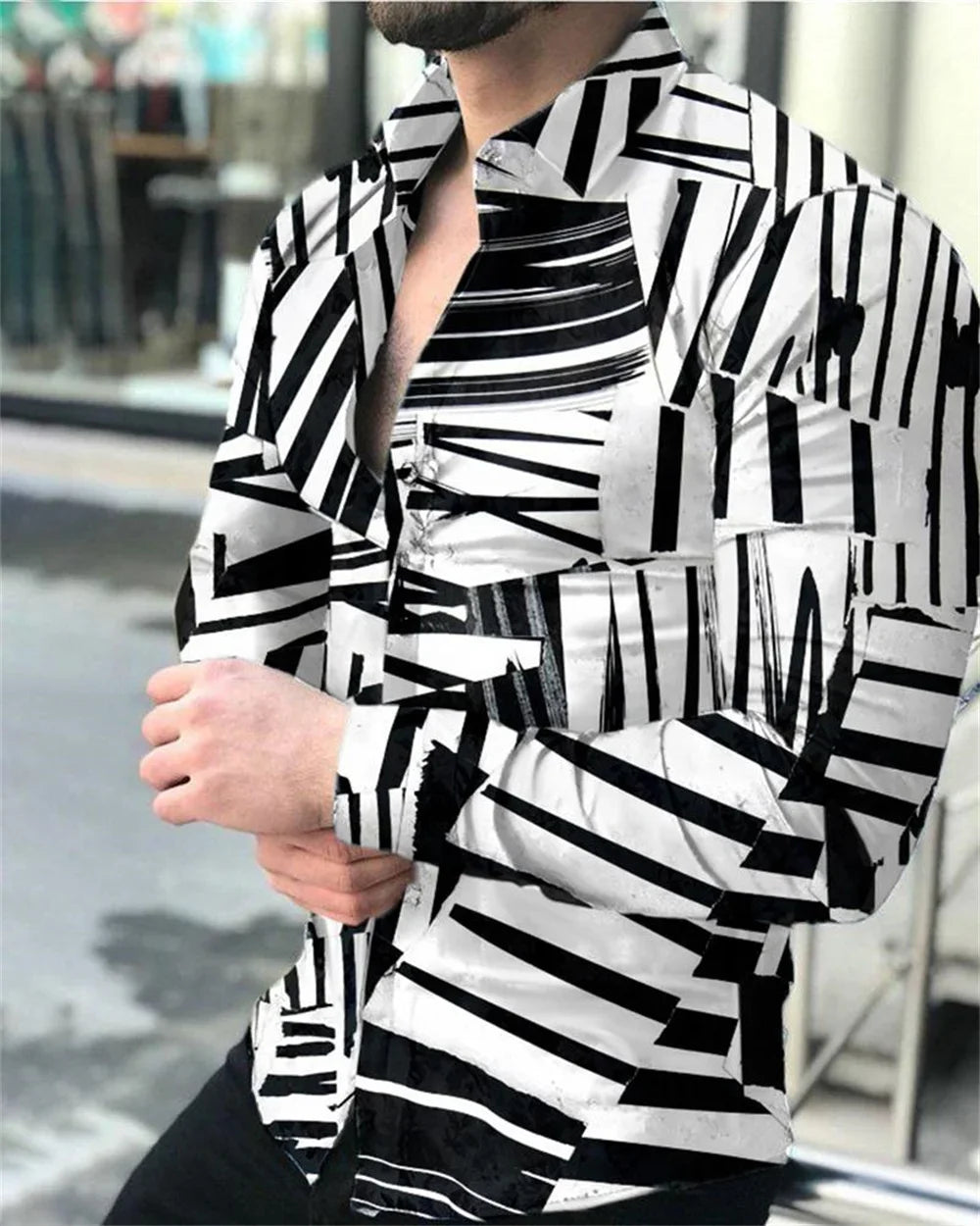 Luxury men's social shirt lapel single-breasted 3D plaid print long-sleeved designer clothing casual street white shirt