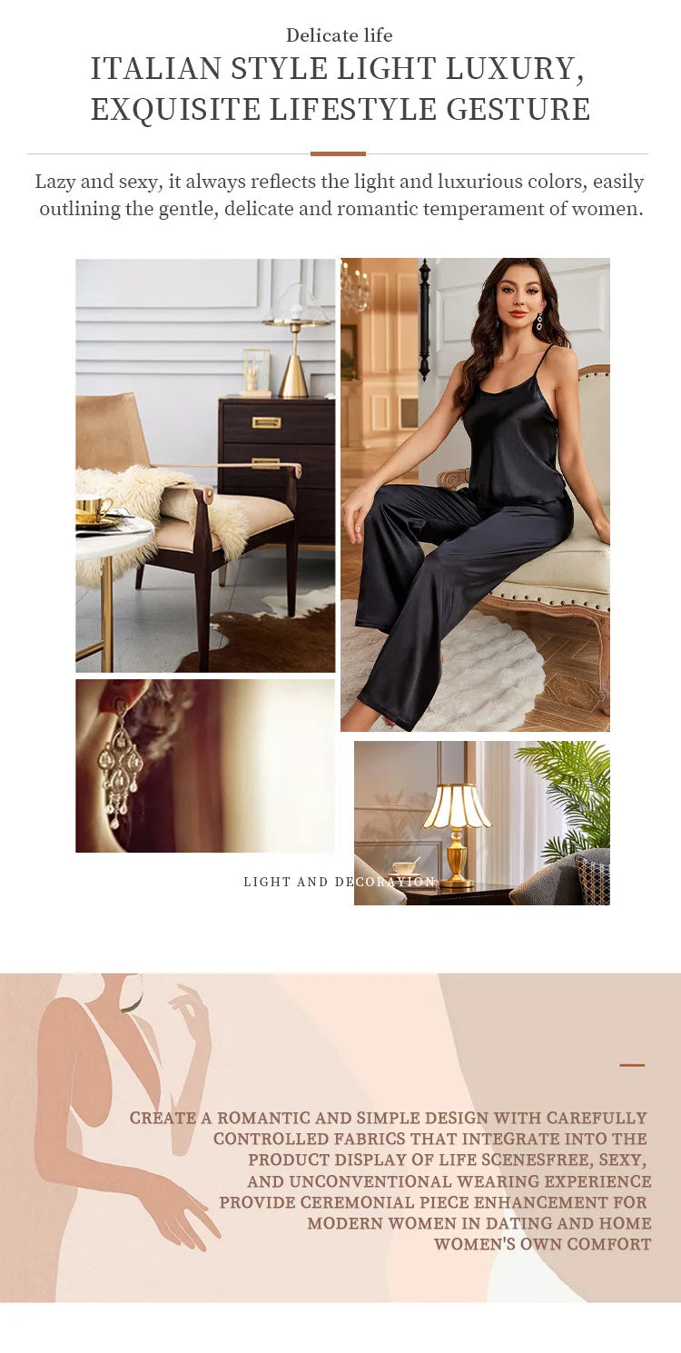 Women Sexy Satin Pijamas Set Lingerie Sleepwear Silk Saitn Nightwear Sleeveless Pajamas Set Home Wear Pyjama Femme Pyjamas