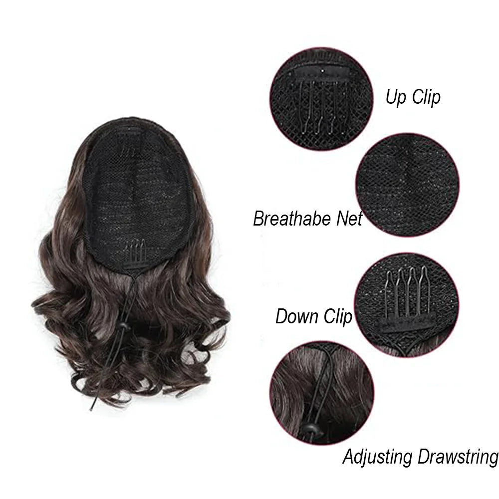 Short Synthetic curly Drawstring Ponytail extensions with Clip in Hairpieces for Women daily use that beginners friendly