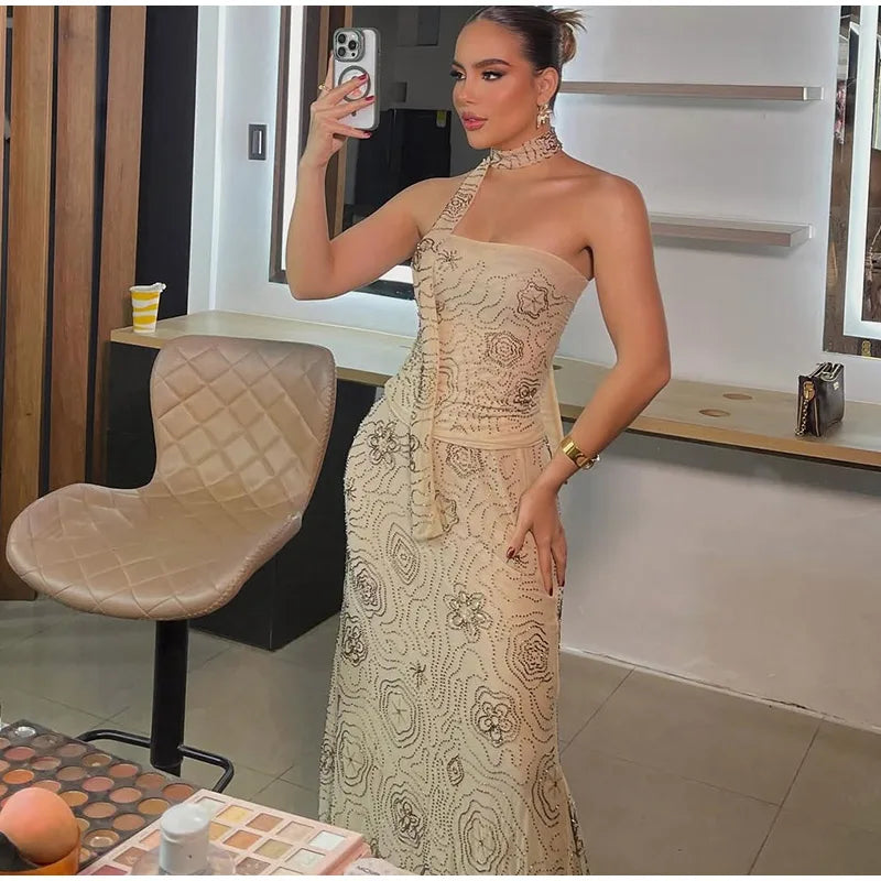 Beach Tank Top Skirt Women's Set Beading Print Shawl Collar Sleeveless Tops Pleated Maxi Skirts 2025 Summer Fashion Lady Outfit