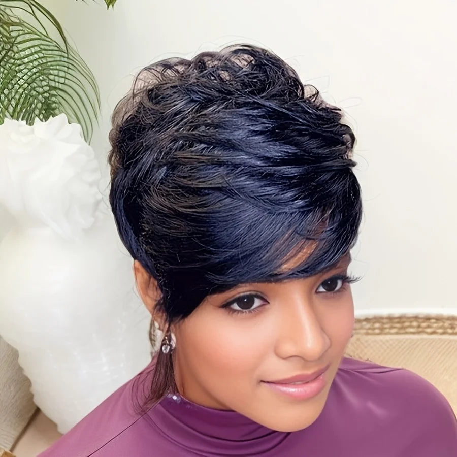 Short Pixie Cut Bob Wig 100% Human Hair Wigs with Bangs Layered Wavy Wigs for Women Full Machine Made