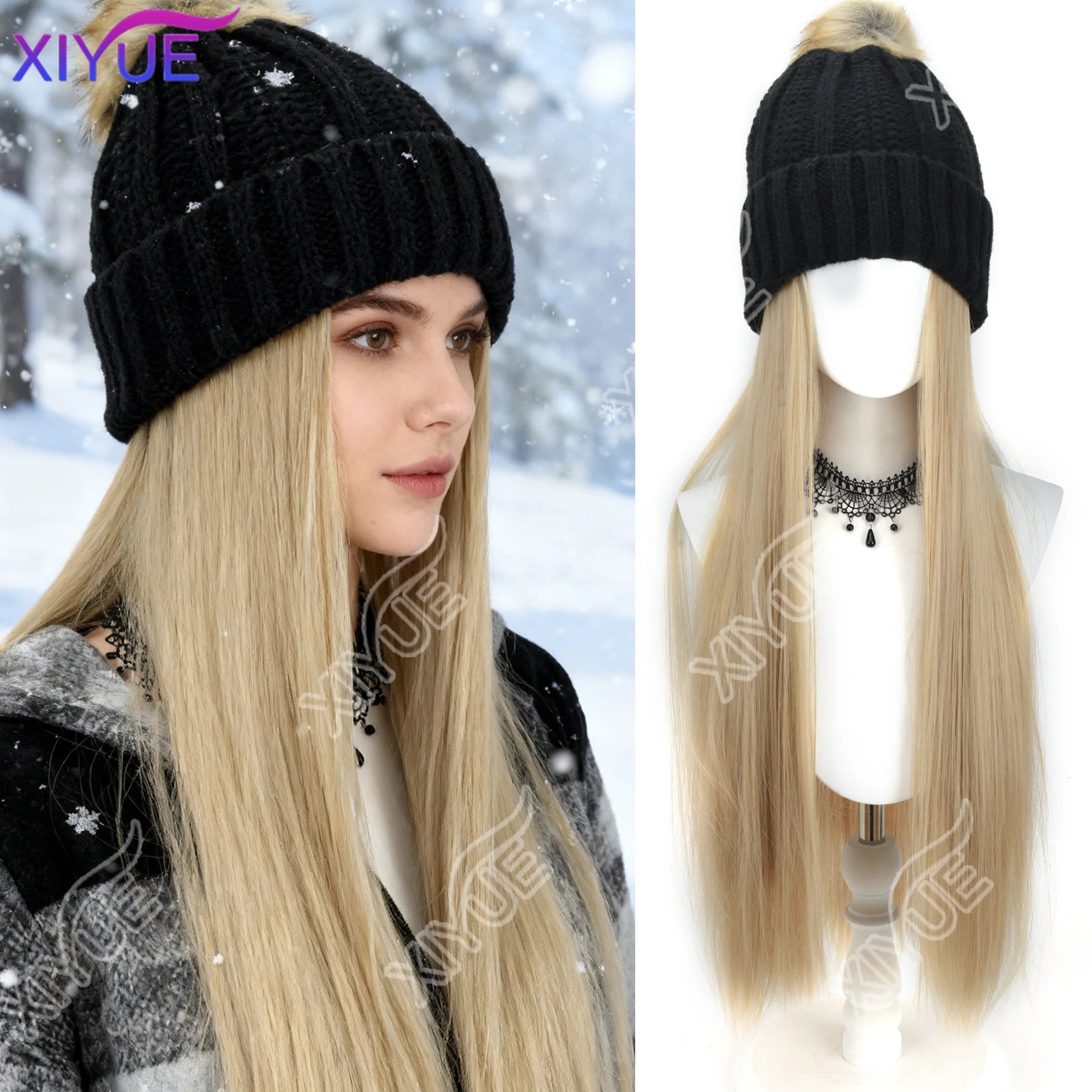Sombrero de peluca de ala ancha sintético negro con correa para peluca de mujer, peluca sintética larga con ondas de agua, gorro de esquí cálido de felpa tejida para otoño e invierno