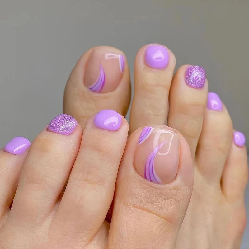 Flowers White French Artificial Toenails Nude Pink Toe False Nails with Glue Wearable Short Flat Shape Fake Toenails Wholesale