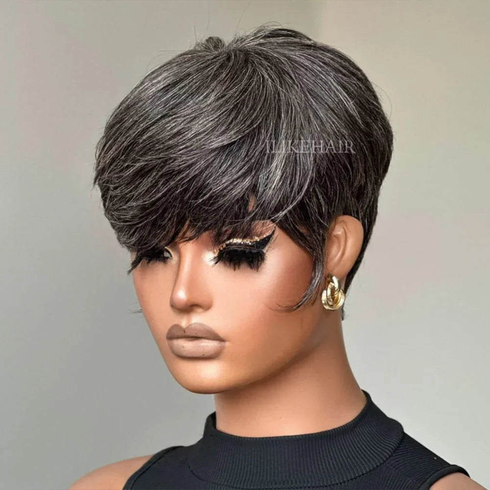 Smoky Gray Pixie Cuts Glueless Human Hair Wig Short Hair Wig Pre Plucked Baby Hair Daily Casual Party Travel Fashion Stylish Hair Wig Full Machine Made