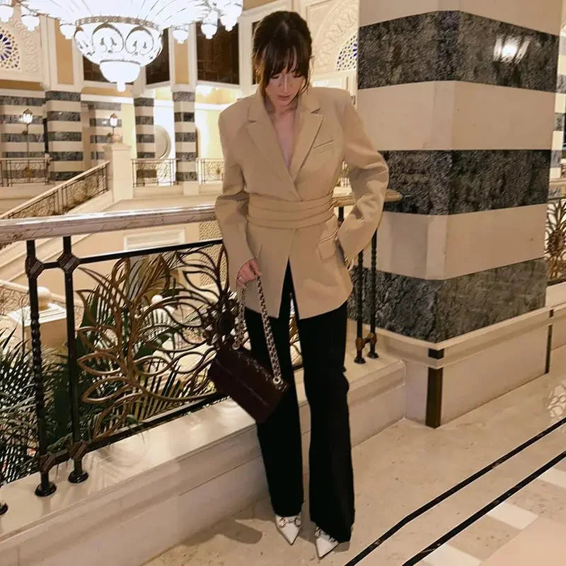 Elegant Trousers Suit Women Slim V-neck Pockets Blazer Full Sleeve Belt Straight Pants Sets Female Solid Sets Lady Spring Autumn